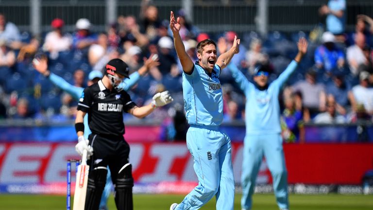 Chris Woakes appeals successfully for the wicket of Henry Nicholls