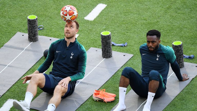 Tottenham Hotspur&#39;s Christian Eriksen (left) and Danny Rose during a training session at the Estadio Metropolitano, Madrid. PRESS ASSOCIATION Photo. Picture date: Friday May 31, 2019. See PA story SOCCER Final Tottenham. Photo credit should read: Joe Giddens/PA Wire. RESTRICTIONS: Editorial use only in permitted publications not devoted to any team, player or match. No commercial use. Stills use only - no video simulation. No commercial association without UEFA permission. please contact PA Images for further information.