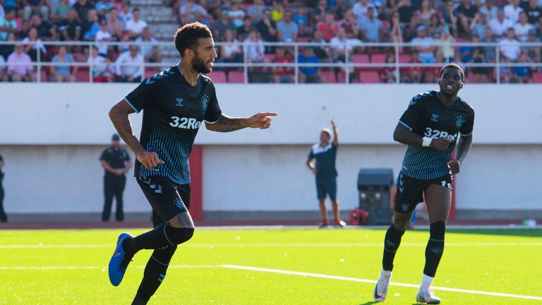 Connor Goldson celebrates after tapping in Borna-Barisic's free kick to make it 3-0 Rangers.
