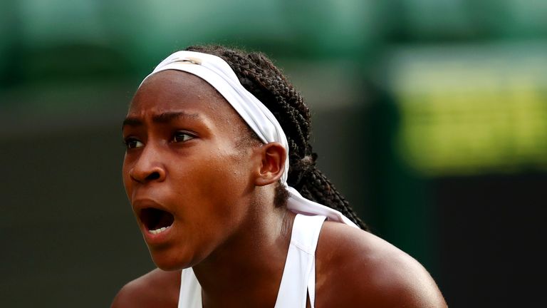 Cori Gauff of the United States celebrates a point in her Ladies' Singles first round match against Venus Williams of The United States during Day one of The Championships - Wimbledon 2019 at All England Lawn Tennis and Croquet Club on July 01, 2019 in London, England
