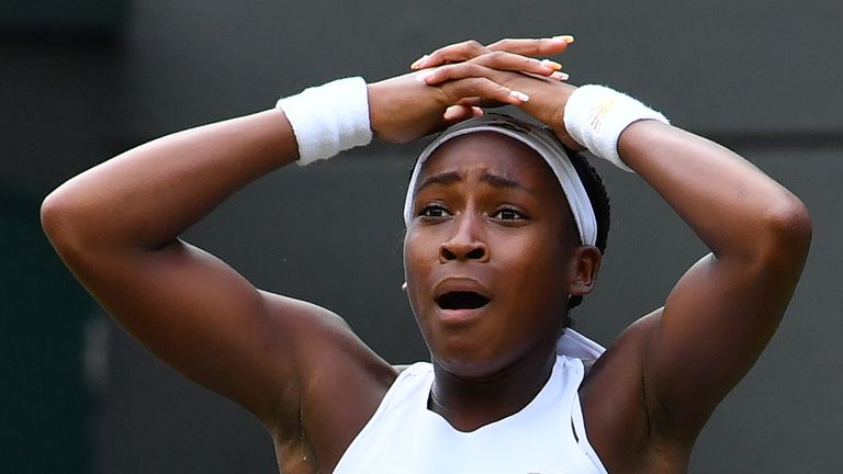 US player Cori Gauff celebrates beating US player Venus Williams during their women's singles first round match on the first day of the 2019 Wimbledon Championships at The All England Lawn Tennis Club in Wimbledon, southwest London, on July 1, 2019.