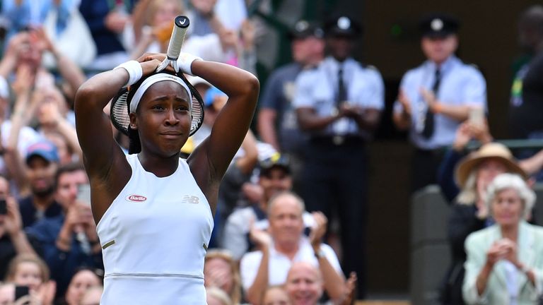 Cori Gauff celebrates beating US player Venus Williams during their women's singles first round match on the first day of the 2019 Wimbledon Championships at The All England Lawn Tennis Club in Wimbledon, southwest London, on July 1, 2019.