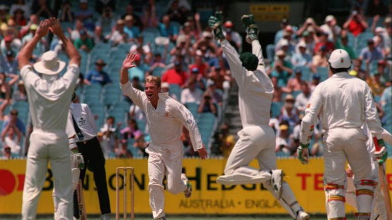 Shane Warne celebrates his hat-trick in the Boxing Day Ashes Test, 1994