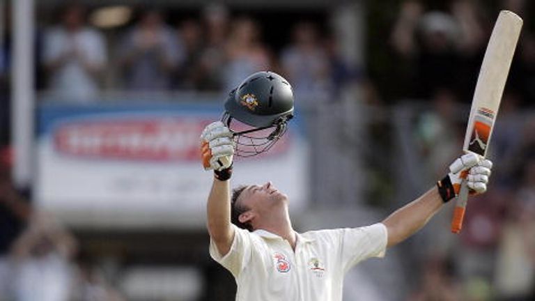 Adam Gilchrist celebrates his 57-ball century against England at Perth in 2006