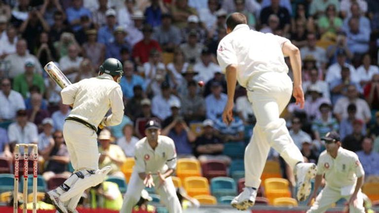 Steve Harmison's first ball of the 2006-07 Ashes series heads towards second slip