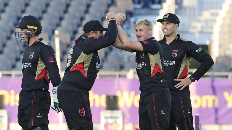 Callum Parkinson celebrates a wicket for Leicestershire Foxes