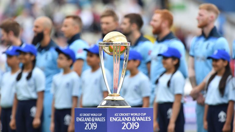 England line up alongside the Cricket World Cup Trophy