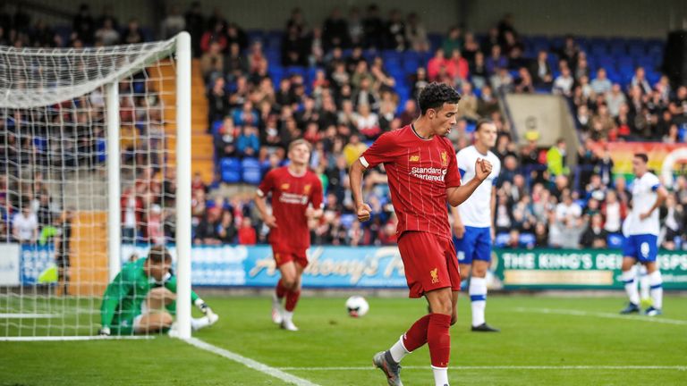 Liverpool's Curtis Jones celebrates scoring his side's fourth goal against Tranmere