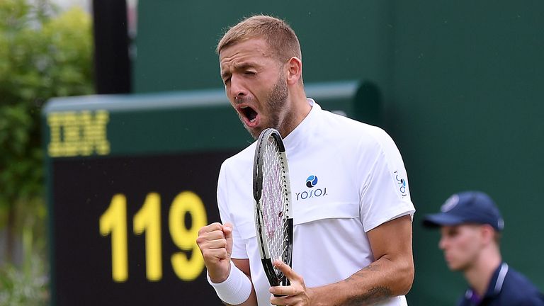 Dan Evans of Great Britain celebrates in his Men's Singles first round match against Federico Delbonis of Argentina during Day two of The Championships - Wimbledon 2019 at All England Lawn Tennis and Croquet Club on July 02, 2019 in London, England