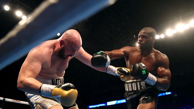Daniel Dubois (right) in action against Nathan Gorman during the Heavyweight Championship at the O2 Arena, London. PRESS ASSOCIATION Photo. Picture date: Saturday July 13, 2019. See PA story BOXING London. Photo credit should read: Nick Potts/PA Wire