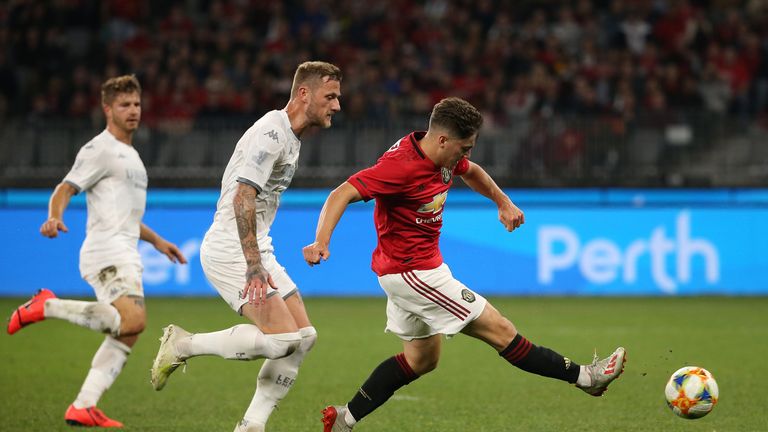 Daniel James strikes the post as his first Manchester United goal evaded him