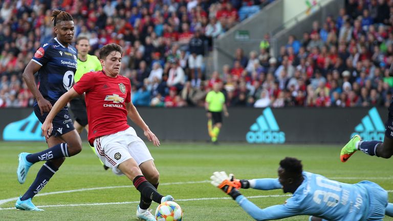 Manchester United midfielder Daniel James in action with Kristiansund's Serigne Mor Mbaye