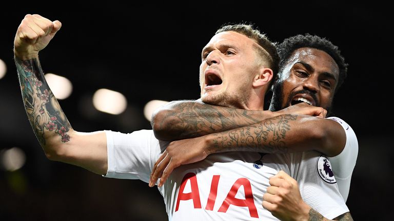 Kieran Trippier of Tottenham Hotspur and Danny Rose of Tottenham Hotspur celebrates after Lucas Moura of Tottenham Hotspur (not pictured) scored their second goal during the Premier League match between Manchester United and Tottenham Hotspur at Old Trafford on August 27, 2018 in Manchester, United Kingdom. 