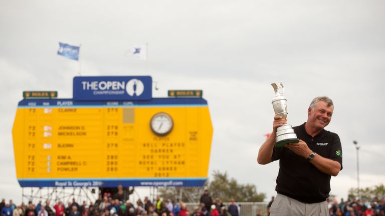 SANDWICH, UK - JULY 17: Darren Clarke of Northern Ireland holds the Claret Jug after winning the 2011 Open Championship at Royal St. George's Golf Club in Sandwich, England on July 17, 2011. (Photo by Darren Carroll) *** Local Caption *** Darren Clarke