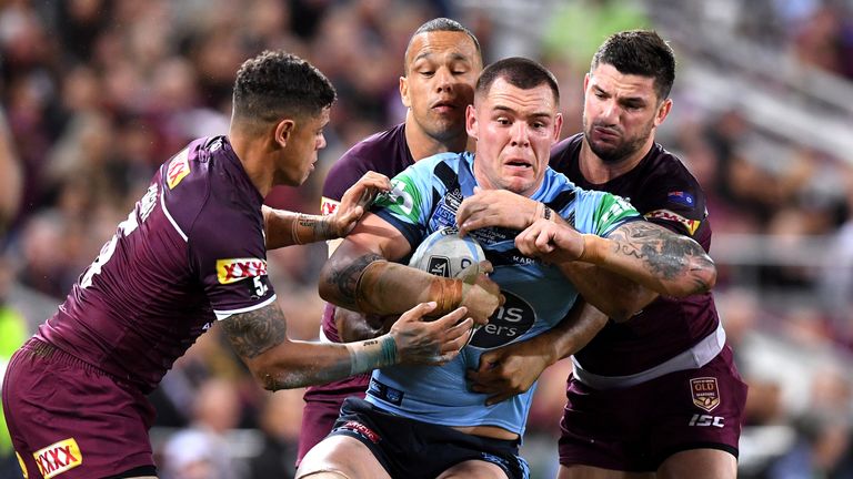 BRISBANE, AUSTRALIA - JUNE 05: David Klemmer of the Blues is tackled during game one of the 2019 State of Origin series between the Queensland Maroons and the New South Wales Blues at Suncorp Stadium on June 05, 2019 in Brisbane, Australia. (Photo by Bradley Kanaris/Getty Images)