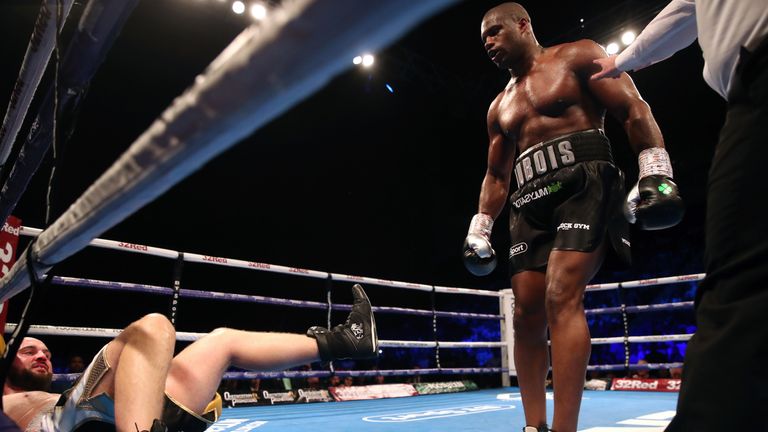 Daniel Dubois (right) knocks down Nathan Gorman during the Heavyweight Championship at the O2 Arena, London. PRESS ASSOCIATION Photo. Picture date: Saturday July 13, 2019. See PA story BOXING London. Photo credit should read: Nick Potts/PA Wire