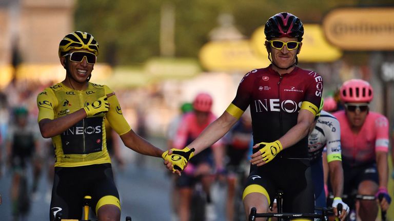 Egan Bernal (left) and team-mate Geraint Thomas celebrate their Tour de France success