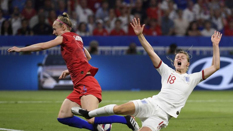 Ellen White wins a penalty for England during their Women's World Cup semi-final defeat to United States