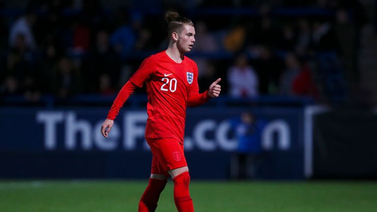 TELFORD, ENGLAND - OCTOBER 15: Harvey Elliott of England during the U17 International Youth Tournament game between England and Brazil at the New Bucks Head Stadium on October 15, 2018 in Telford, England. (Photo by James Baylis - AMA/Getty Images)