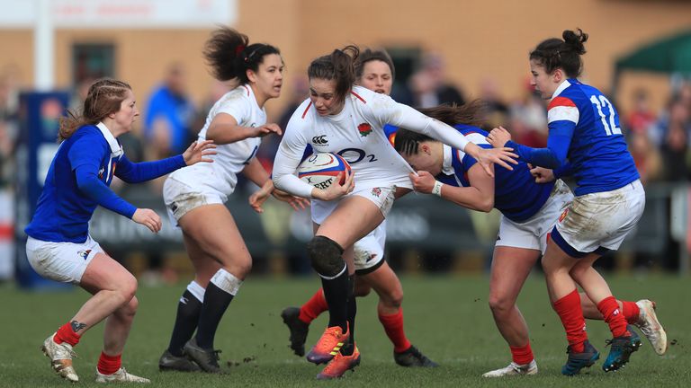 England&#39;s Emily Scarratt in action against France