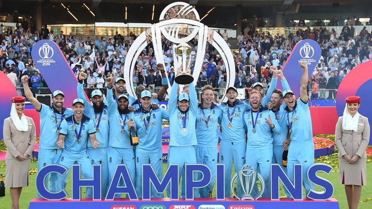 Eoin Morgan lifts the trophy as England celebrate winning the 2019 Cricket World Cup