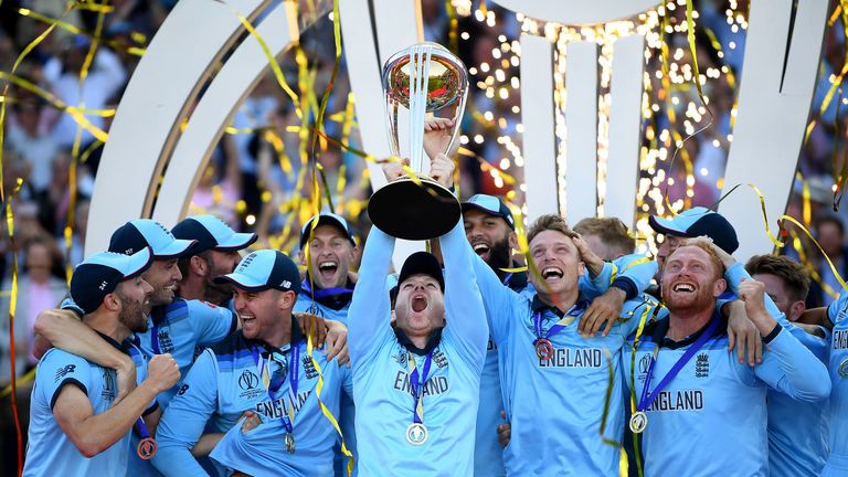 Eoin Morgan lifts the trophy as England celebrate winning the 2019 Cricket World Cup