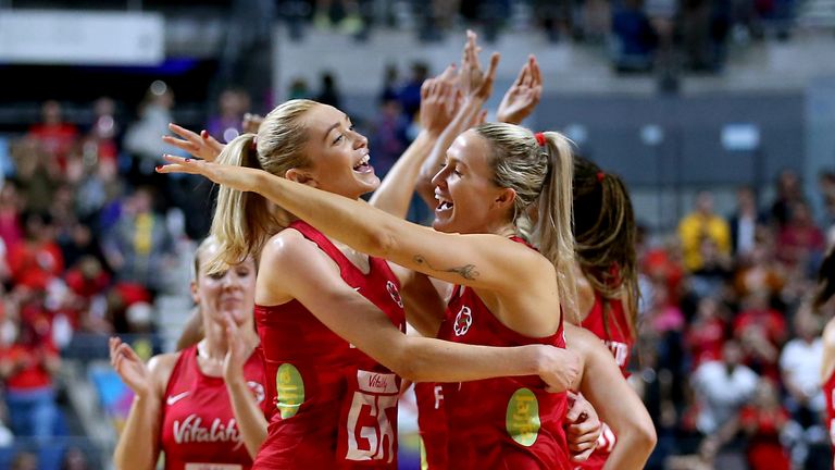 England's Helen Housby and Chelsea Pitman celebrate the results at the end of the Netball World Cup match at the M&S Bank Arena, Liverpool. PRESS ASSOCIATION Photo. Picture date: Thursday July 18, 2019. See PA story NETBALL England. Photo credit should read: Nigel French/PA Wire. RESTRICTIONS: Editorial use only. No commercial use.