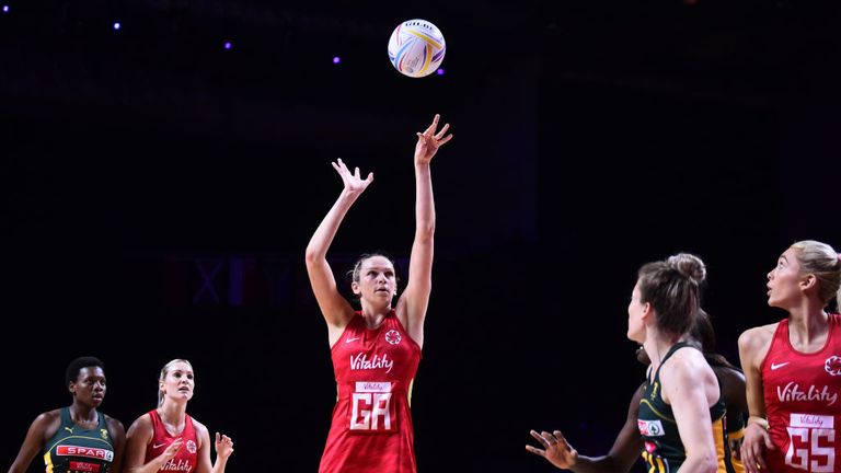 England's Jo Harten puts up a shot against South Africa in their bronze medal winning performance