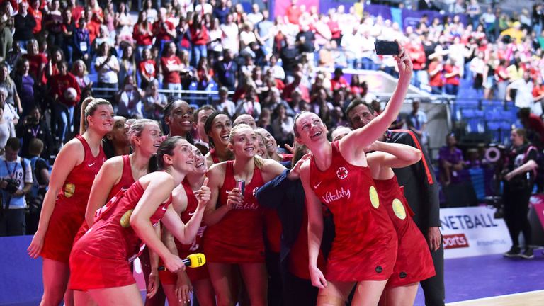 England's Vitality Roses take a selfie as they celebrate securing bronze at the 2019 Vitality Netball World Cup