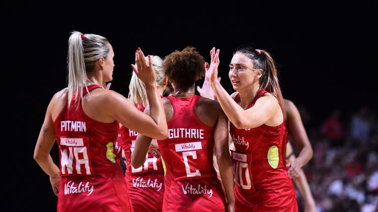 LIVERPOOL, ENGLAND - JULY 18: Jade Clarke of England high fives her team mates during the preliminaries stage two schedule match between England and South Africa at M&S Bank Arena on July 18, 2019 in Liverpool, England. (Photo by Nathan Stirk/Getty Images)