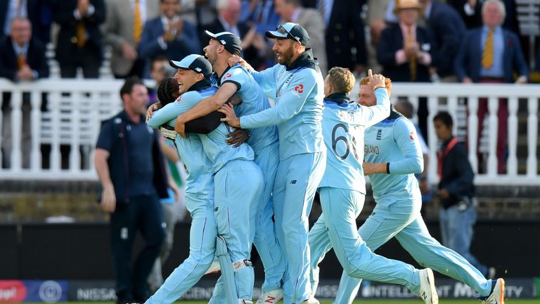 LONDON, ENGLAND - JULY 14: England celebrate after victory during the Final of the ICC Cricket World Cup 2019 between New Zealand and England at Lord's Cricket Ground on July 14, 2019 in London, England. (Photo by Mike Hewitt/Getty Images)