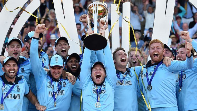 Eoin Morgan lifts the World Cup trophy after England's final success at Lord's