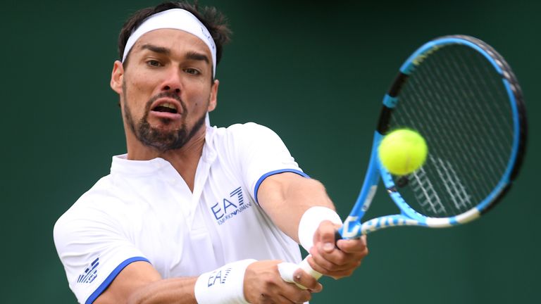 Fabio Fognini of Italy plays a backhand in his Men's Singles third round match against Tennys Sandgren of The United States during Day six of The Championships - Wimbledon 2019 at All England Lawn Tennis and Croquet Club on July 06, 2019 in London, England. 