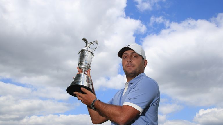 Francesco Molinari of Italy is pictured with the Claret Jug Open trophy during a Francesco Molinari Media Day at The Wisley on July 02, 2019 in Wisley, Surrey.