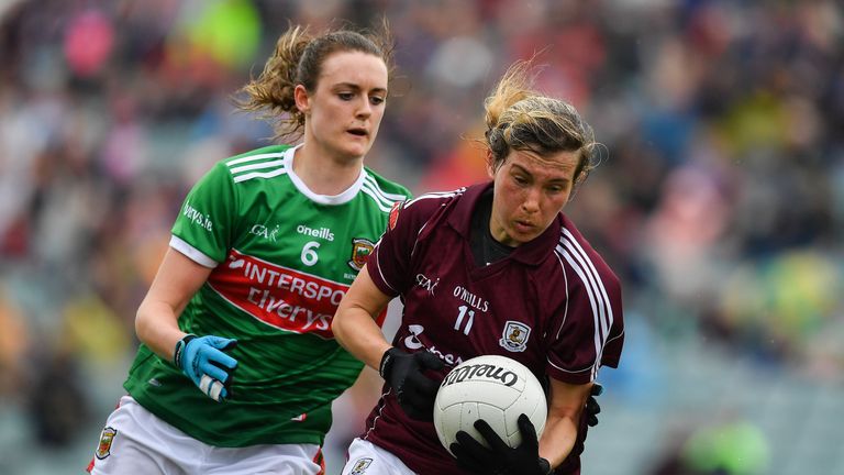 Tracey Leonard of Galway in action against Ciara McManamon of Mayo