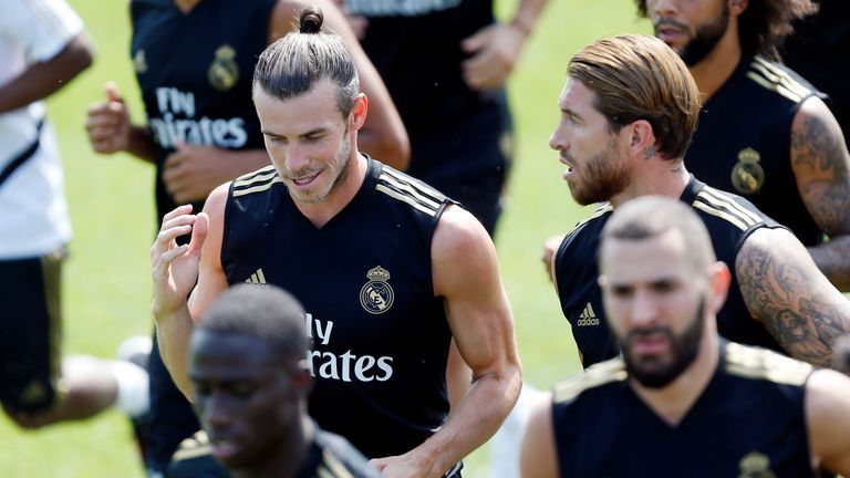 Gareth Bale trained with his Real Madrid teammates yesterday ahead of the game against Arsenal.