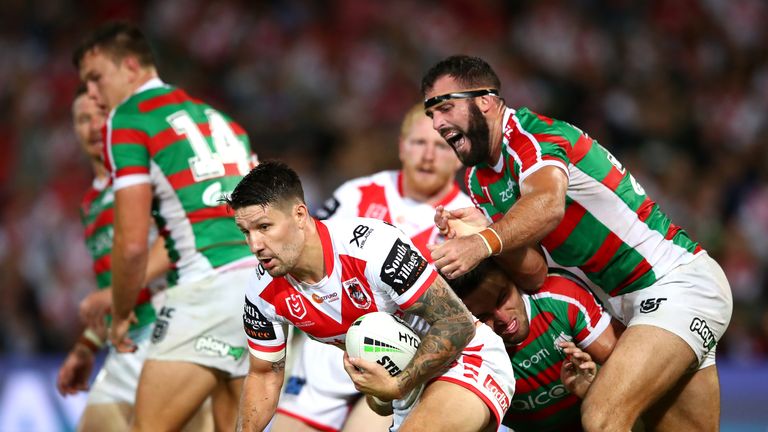 SYDNEY, AUSTRALIA - MARCH 21: Gareth Widdop of the Dragons is tackled during the round two NRL match between the St George Illawarra Dragons and the South Sydney Rabbitohs at Netstrata Jubilee Stadium on March 21, 2019 in Sydney, Australia. (Photo by Cameron Spencer/Getty Images)