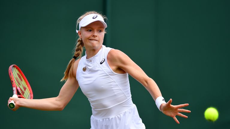 Harriet Dart of Great Britain plays a forehand in her Ladies' Singles first round match against Christina McHale of The United States during Day two of The Championships - Wimbledon 2019 at All England Lawn Tennis and Croquet Club on July 02, 2019 in London, England