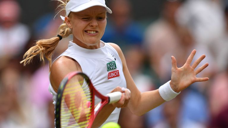 Britain's Harriet Dart returns against Australia's Ashleigh Barty during their women's singles third round match on the sixth day of the 2019 Wimbledon Championships at The All England Lawn Tennis Club in Wimbledon, southwest London, on July 6, 2019.