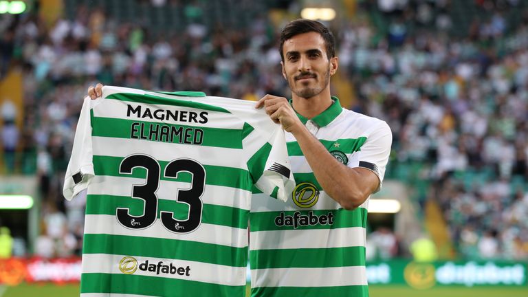 Celtic&#39;s new signing Hatem Abd Elhamed is presented at half time during the UEFA Champions League second qualifying round match at Celtic Park,