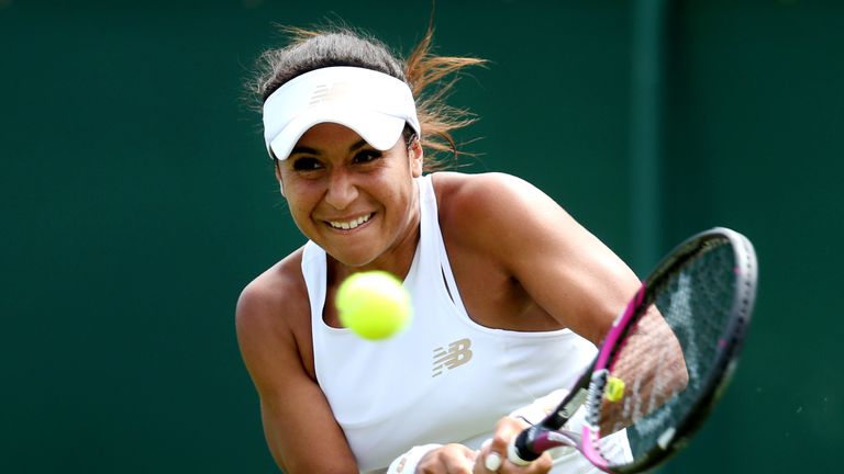 Heather Watson of Great Britain plays a backhand in her Ladies' Singles first round match against Caty McNally of The United States during Day one of The Championships - Wimbledon 2019 at All England Lawn Tennis and Croquet Club on July 01, 2019 in London, England