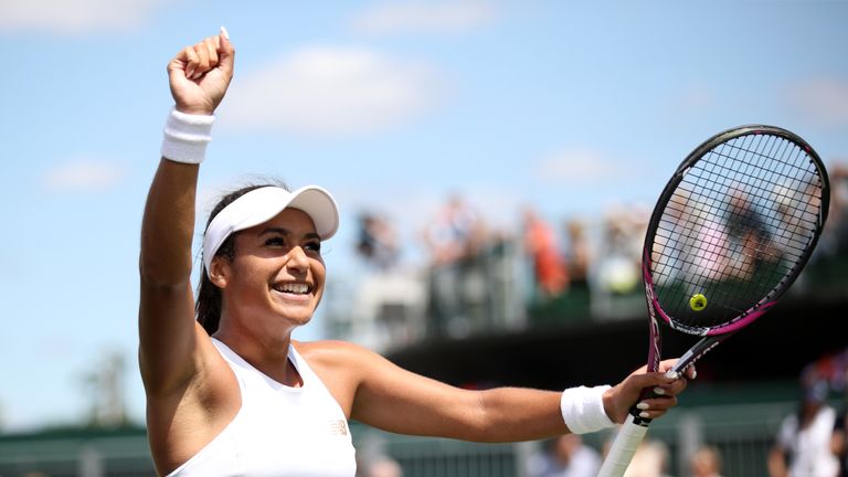 Heather Watson of Great Britain celebrates match point in her Ladies' Singles first round match against Caty McNally of the United States during Day one of The Championships - Wimbledon 2019 at All England Lawn Tennis and Croquet Club on July 01, 2019 in London, England.