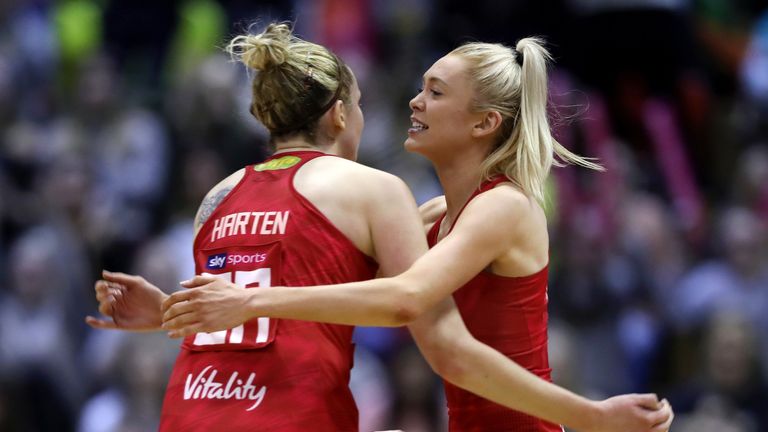 LONDON, ENGLAND - JANUARY 20: Helen Housby of England celebrates with Jo Harten after her team win the Vitality Netball International Series match between England Vitality Roses and Australian Diamonds, as part of the Netball Quad Series at Copper Box Arena on January 20, 2019 in London, England. (Photo by Naomi Baker/Getty Images)
