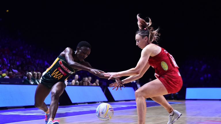 Jade Clarke of England and Bongiwe Msomi of South Africa in action during the bronze medal match between England and South Africa