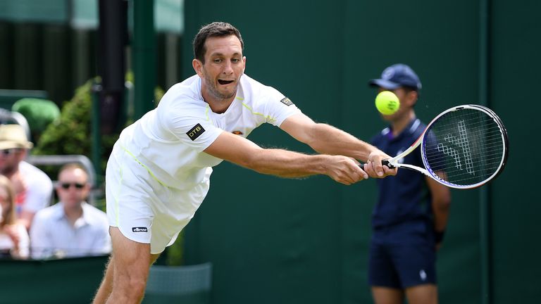 James Ward of Great Britain celebrates a point in his Men's Singles first round match against Nikoloz Basilashvili of Georgia during Day two of The Championships - Wimbledon 2019 at All England Lawn Tennis and Croquet Club on July 02, 2019 in London, England.