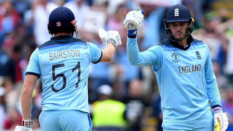 England&#39;s Jason Roy (R) celebrates hitting two consecutive sixes with England&#39;s Jonny Bairstow during the 2019 Cricket World Cup second semi-final between England and Australia at Edgbaston in Birmingham, central England, on July 11, 2019. (
