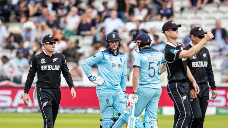 LONDON, ENGLAND - JULY 14: Jason Roy of England (2nd left) awaits an lbw review decision from the first ball of the innings during the Final of the ICC Cricket World Cup 2019 between New Zealand and England at Lord's Cricket Ground on July 14, 2019 in London, England. (Photo by Andy Kearns/Getty Images)