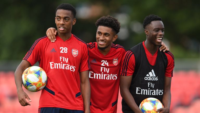 Joe Willock, Reiss Nelson and James Olayinka in pre-season training