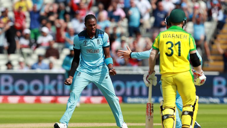  Jofra Archer of England celebrates taking the wicket of Aaron Finch of Australia during the Semi-Final match of the ICC Cricket World Cup 2019 between Australia and England at Edgbaston on July 11, 2019 in Birmingham, England. 