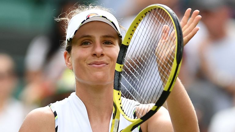 Britain's Johanna Konta celebrates beating Romania's Ana Bogdan during their women's singles first round match on the second day of the 2019 Wimbledon Championships at The All England Lawn Tennis Club in Wimbledon, southwest London, on July 2, 2019.